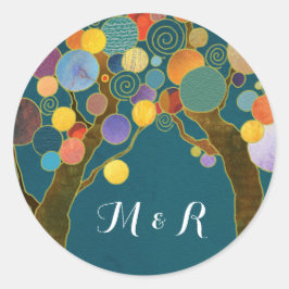 Love Trees Blauwgroen Wedding Monogrammen Ronde Sticker