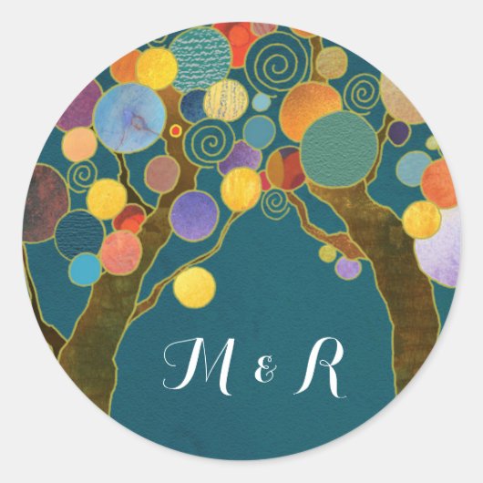 Love Trees Blauwgroen Wedding Monogrammen Ronde Sticker (Voorkant)