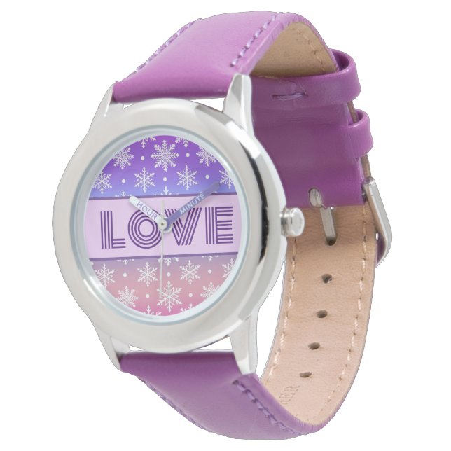LOVE Typografie Snowflakes Paars Horloge (Gekanteld)