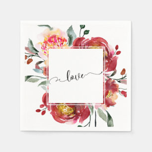 Love Typography over Red Floral Bouquet Servet