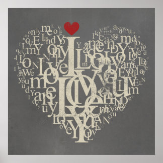 Love typography text heart grey and red poster