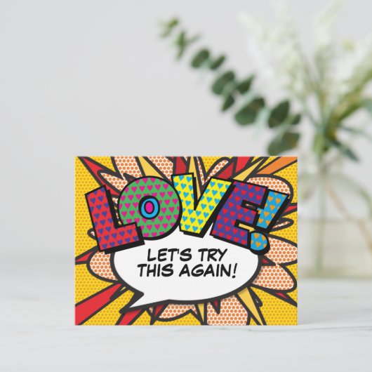 LOVE Uitgestelde Verandering van Datum Stripboek P Briefkaart (Staand voorkant)