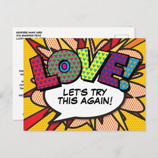 LOVE Uitgestelde Verandering van Datum Stripboek P Briefkaart (Voorkant / Achterkant)