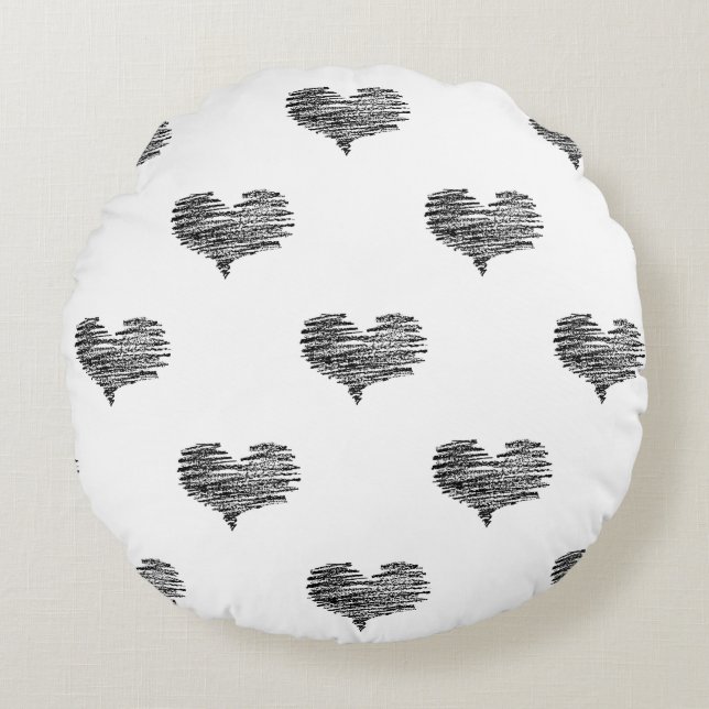 Love Valentijnsdag Black Heart Sketch Rond Kussen (Voorkant)