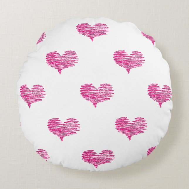 Love Valentijnsdag Hot Pink Heart Sketch Rond Kussen (Voorkant)
