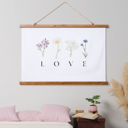 LOVE Vertical Floral Wall Art – Romantic Botanical Hangend Wandkleed (Slaapkamer)