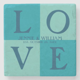 LOVE Vierkanten Turquoise en Blauwe Trouwdatum Stenen Onderzetter