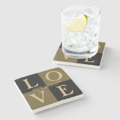 LOVE Vierkanten Zwarte en Gouden Trouwdatum Stenen Onderzetter (Zijkant)