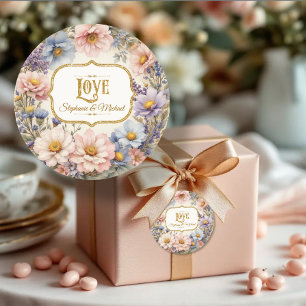 LOVE Vintage Bloem Typografie Roze Blauw en Goud Ronde Sticker