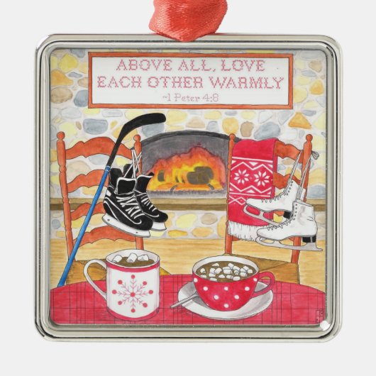 Love Warmly Waterverf Scripting Kerstmis Metalen Ornament (Voorkant)