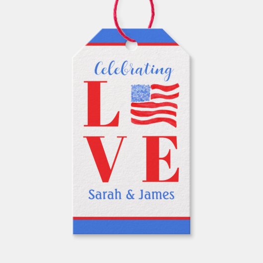 LOVE Waterverf Amerikaanse Vlag NAAM Bruiloft  Cadeaulabel (Voorkant)