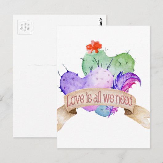 Love Waterverf Cacti Briefkaart (Voorkant / Achterkant)