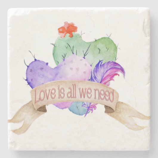 Love Waterverf Cacti Stenen Onderzetter (Voorkant)