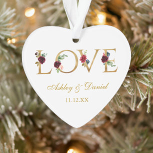 Love Weddennames Date Burgundy Floral Gold Ornament