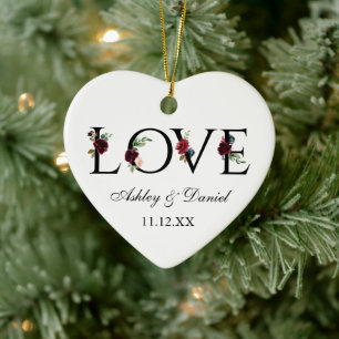 Love Weddennames Date Burgundy Floral Keramisch Ornament