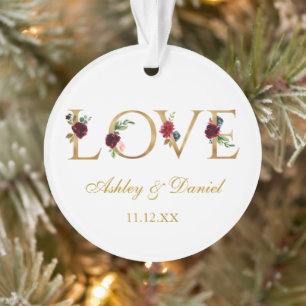 Love Weddennames Date Gold Burgundy Floral Ornament