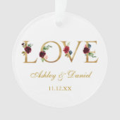 Love Weddennames Date Gold Burgundy Floral Ornament (voorkant)