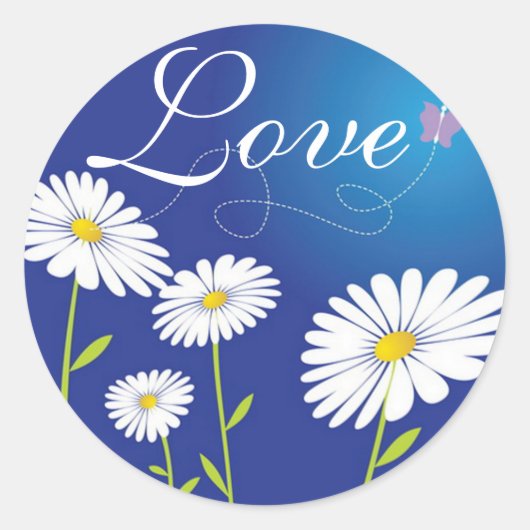 Love White Daisies Bloemen & Blauwe Vlinder Ronde Sticker (Voorkant)