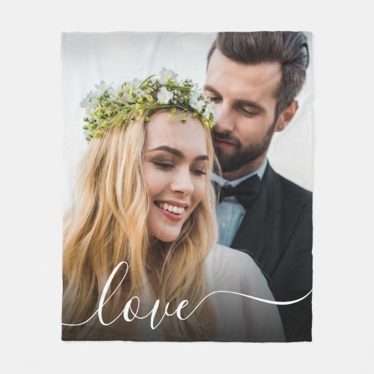 Love White Script Photo Overlay Wedding Fleece Deken (Voorkant)