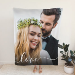 Love White Script Photo Overlay Wedding Fleece Deken