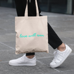 Love Will Win Modern Trendy Cute Turquoise Neon Tote Bag