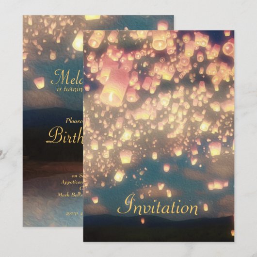 Love Wish Lantern - Birthday Invitation Kaart (Voorkant / Achterkant)