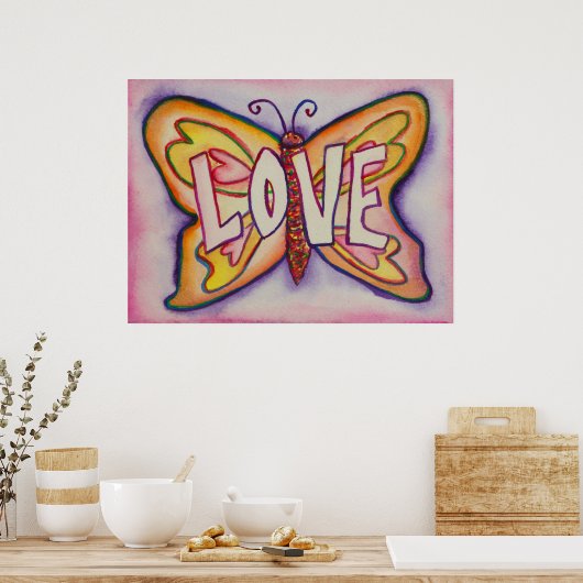 Love Word Roze Butterfly Art Print Posters (Keuken)