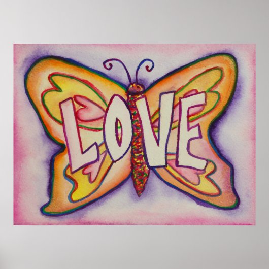Love Word Roze Butterfly Art Print Posters (Voorkant)