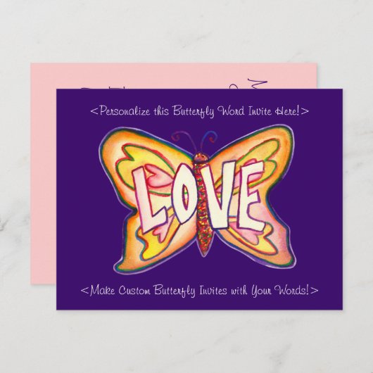 Love Word Roze Butterfly Custom Art Invitations Kaart (Voorkant / Achterkant)