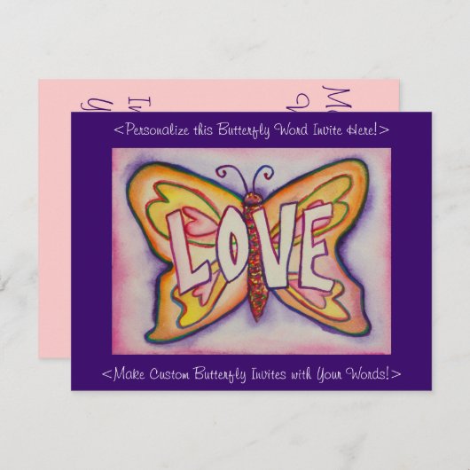 Love Word Roze Butterfly Custom Art Invitations Kaart (Voorkant / Achterkant)