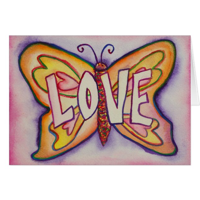 Love Word Roze Butterfly Greeting of Note Cards (Voorkant Horizontaal)