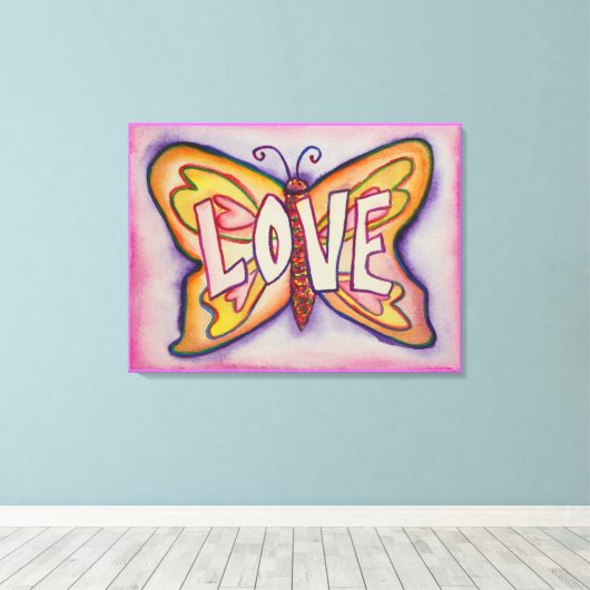 Love Word Roze Butterfly Painting Canvas Artwork (Insitu (Houten vloer))