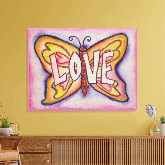 Love Word Roze Butterfly Painting Canvas Artwork Afdruk (Insitu (Woonkamer))