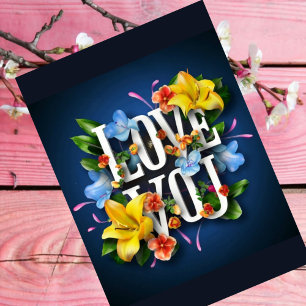 LOVE you card navy blauwe Valentijn kaart bloemen