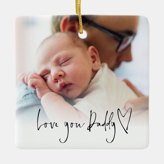Love You Dad Modern Script Heart Photo Overlay Keramisch Ornament (Voorkant)