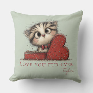 Love You Fur-Ever Cute Cat Sage Green Throw Pillow Kussen