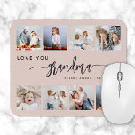 Love You Grandma 8 Fotocollage Blush Pink Muismat<br><div class="desc">Geef oma een cadeau dat ze zal koesteren. Deze foto collage muismat beschikt over acht van haar favoriete vierkante foto's van de kleinkinderen, samen met de boodschap "Love You Grandma." Het woord "oma" verschijnt in een elegant handschrift met houtskoolgrijs schrift met bloeit aan het begin en einde op een blozend...</div>