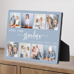 Love You Grandma 8 Photo Collage Dusty Blue Fotoplaat<br><div class="desc">Give Grandma a gift she'll cherish. This photo collage plaque features eight of her favorite square photos of the grandkids, along with the message "Love You Grandma." The word "grandma" appears in elegant white handwriting script with flourishes at the beginning and end on a dusty blue background. Add the names...</div>