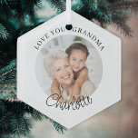 Love You Grandma Keepsake Photo Glas Ornament<br><div class="desc">This modern Grandma keepsake ornament says "Love you Grandma" and is easily customizable with your name and photo.
It makes a special gift for a special grandparent.</div>