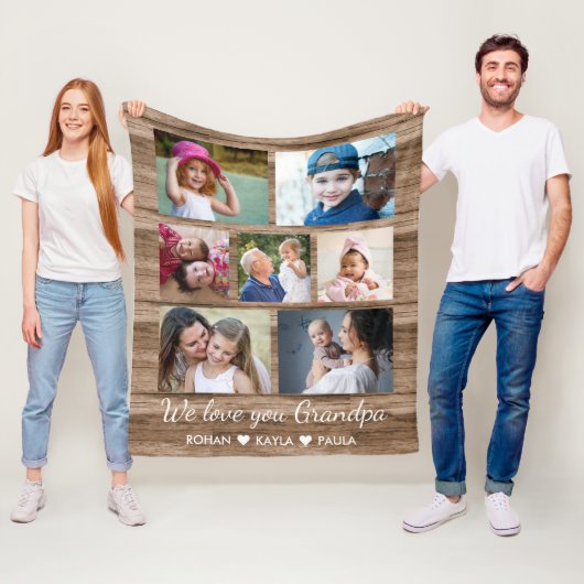 Love You Grandpa Rustic Wood 7 Photo Collage Fleece Deken (In situ)