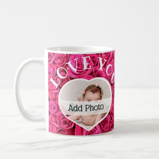 Love You Heart Foto roze Roses Modern Script Cute Koffiemok (Links)