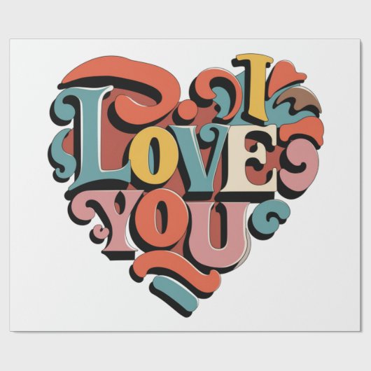 Love You Heart Retro Psychedelia Cadeaupapier (Vlak)