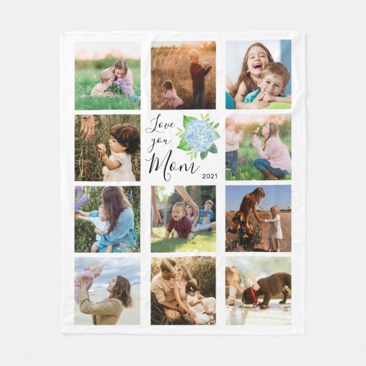 Love You Mam Familie Fotocollage Hydrangea Floral Fleece Deken (Voorkant)