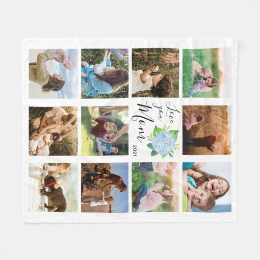 Love You Mam Familie Fotocollage Hydrangea Floral Fleece Deken (Voorkant (Horizontaal))