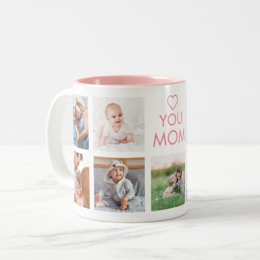 Love You Mam Familie Fotocollage Roze Tweekleurige Koffiemok (Voorkant links)