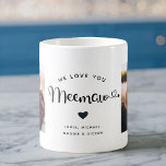Love you Meemaw Hearts Custom Two Photo Coffee Mok<br><div class="desc">Eenvoudige en lieve twee foto koffie mok voor oma: Het handgeschreven script leest we houden van je meemaw met  harten bloeit over je namen. Personaliseer met uw twee favoriete foto's en maak dit een modern,  trendy souvenir cadeau voor een geliefde grootmoeder.</div>