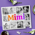 Love You Mimi Bold Rainbow 10 Fotocollage Modern Legpuzzel<br><div class="desc">"Hou van je Mimi." Ze houdt elke minuut van haar kleinkinderen. Een speelse, grillige, stijlvolle visuele weergave van veelkleurige regenbooggewaagde typografie en zwarte handgeschreven typografie bedekken een zacht, lichtroze hart en een witte achtergrond. Voeg 10 gekoesterde foto's van uw keuze toe en pas de namen en boodschap aan, voor de...</div>