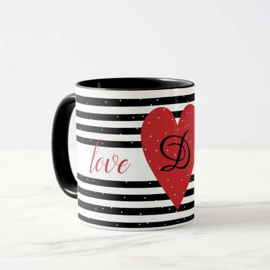 Love You Modern Red Heart Stripes monogram Mok (Voorkant links)