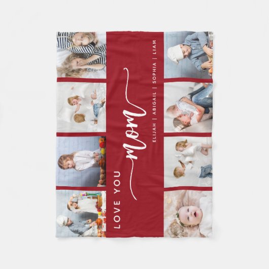Love You Mom 8 Fotocollage Cranberry Rood Fleece Deken (Voorkant)