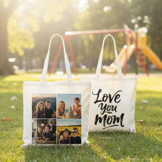 Love You Mom Brush Script 4 Photo Collage Custom Tote Bag